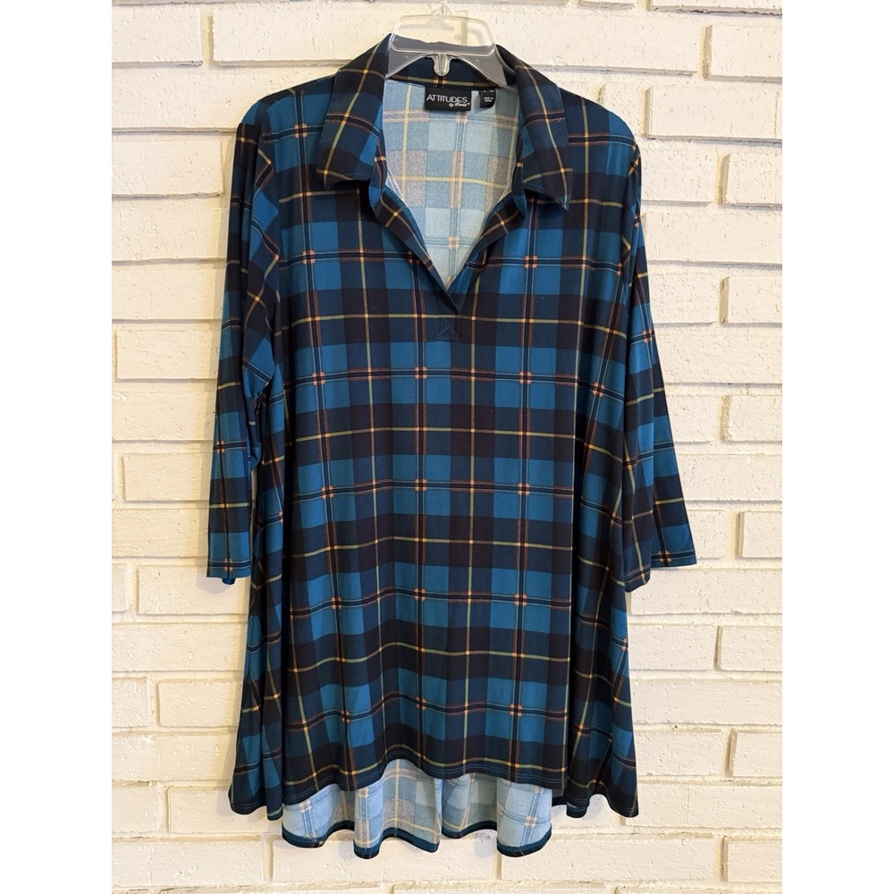Attitudes by Renee Plaid Fall Collared V-Neck 3/4 Sleeve Tunic Top Size Large